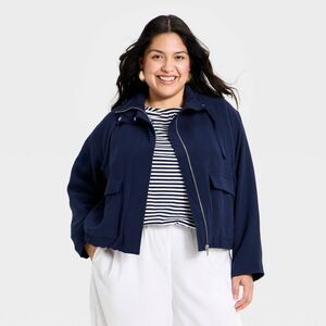 Women's Full Zipped Modern Gauze Jacket - A New Day Navy Blue 1X